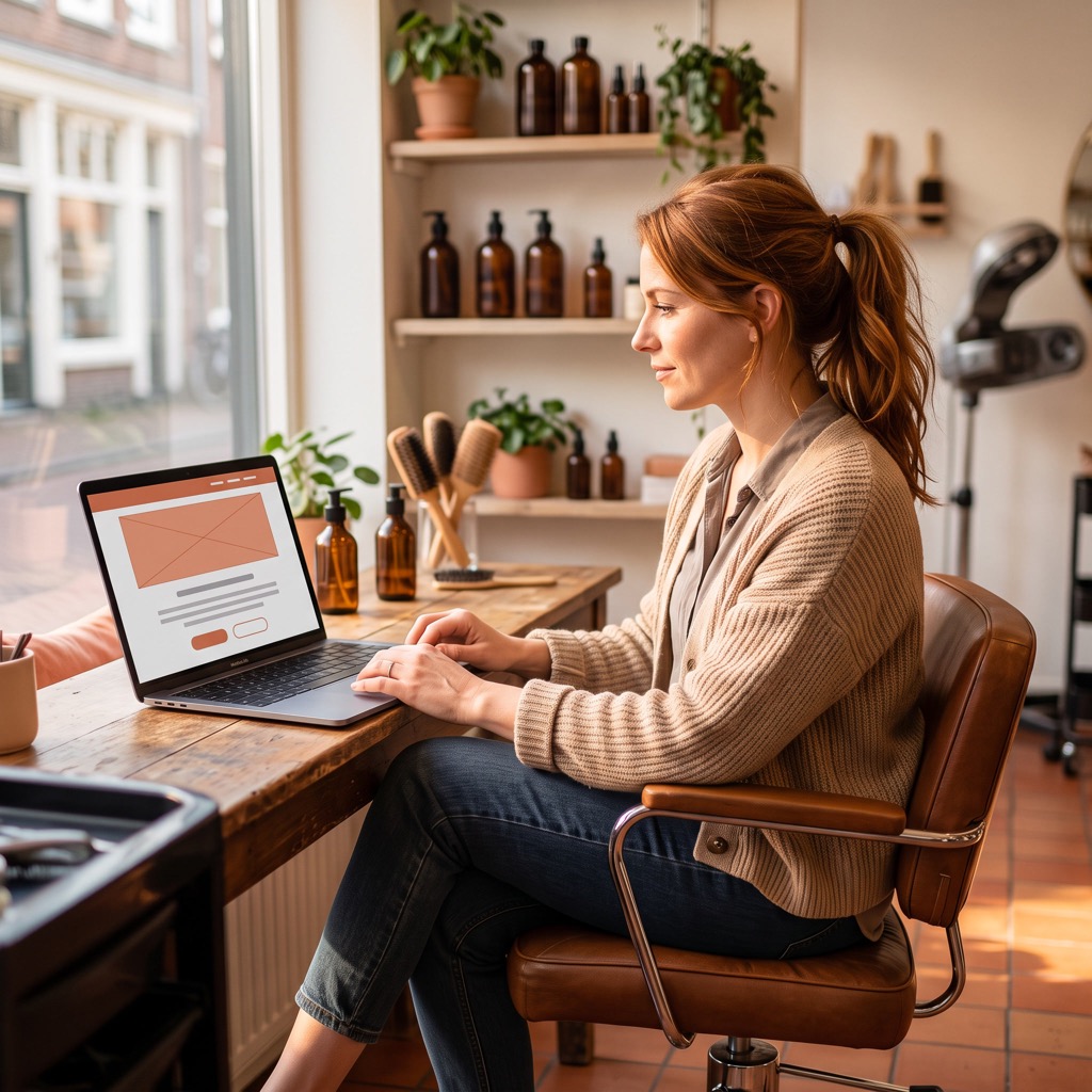 Kapster in haar eigen salon kijkt op een laptop naar haar website