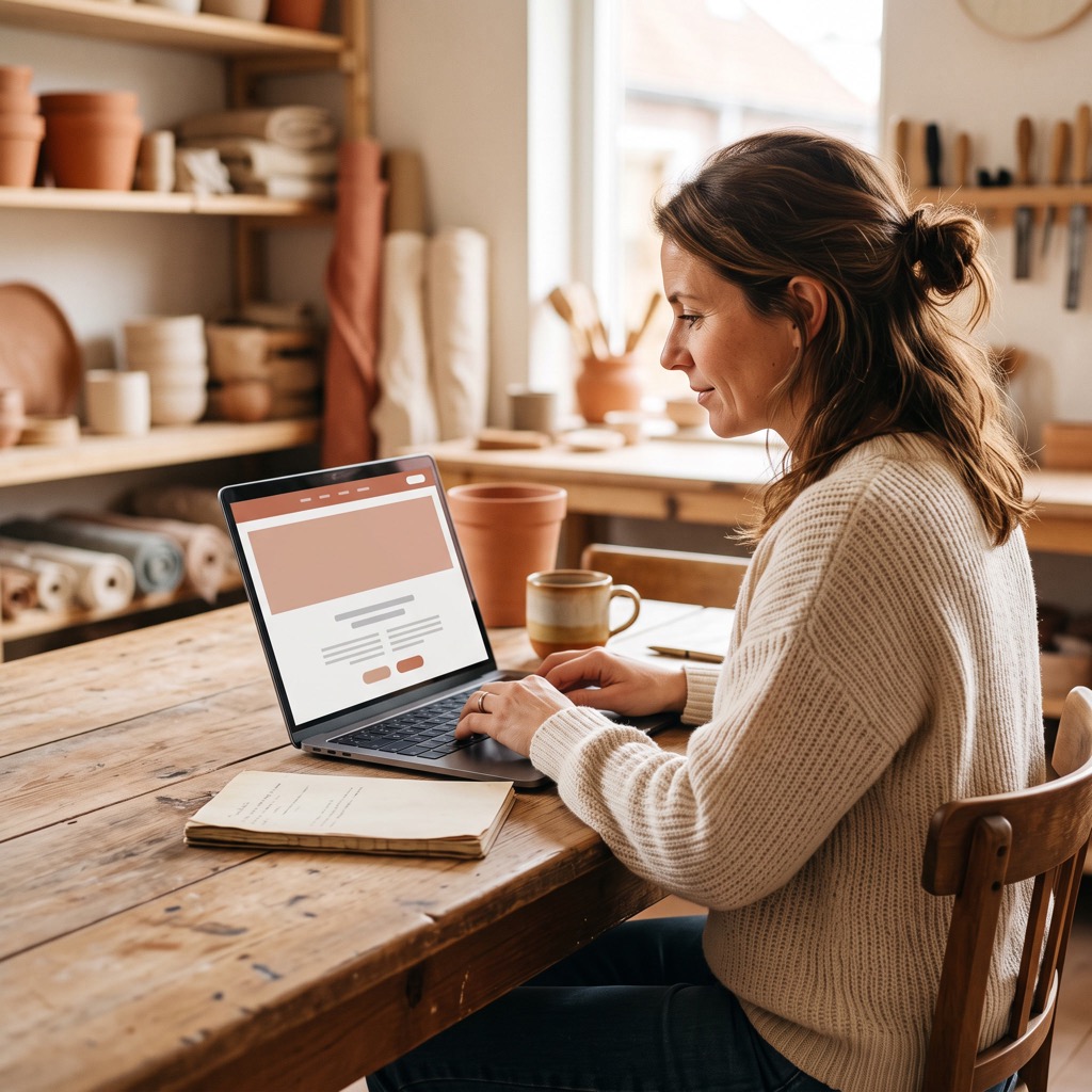 Ondernemer kijkt vanaf de zijkant naar de eigen website op een laptop aan een houten bureau in een werkplaats