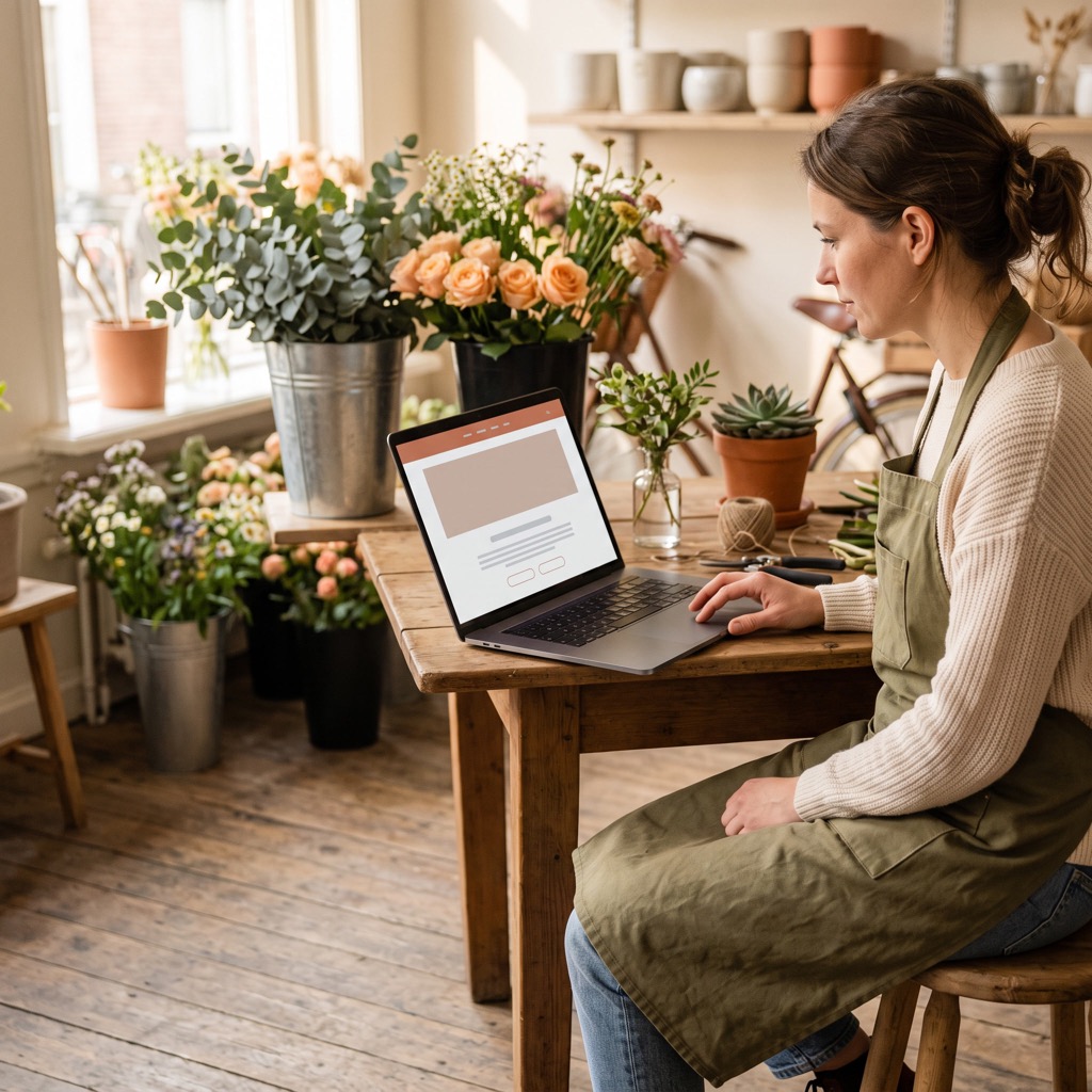 Bloemiste bekijkt haar eigen website op een laptop in haar winkel