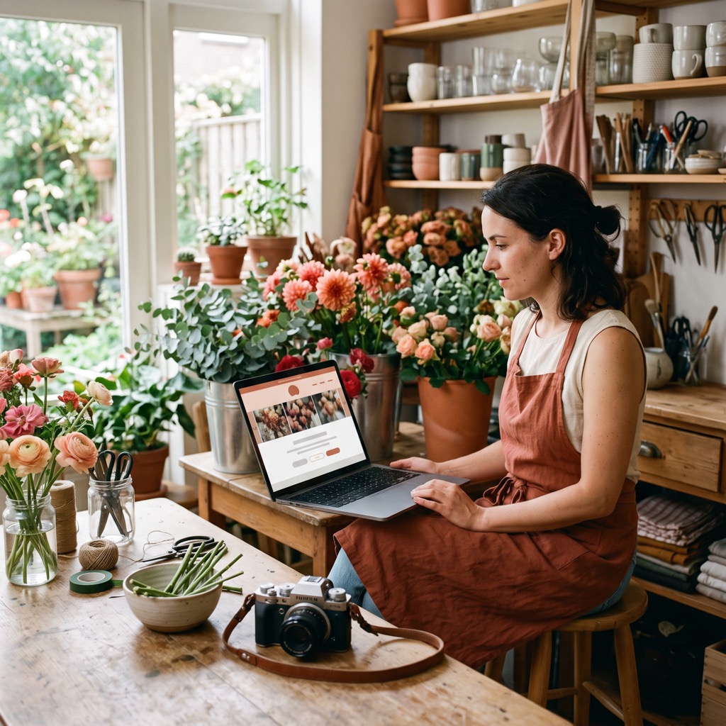 Bloemiste bekijkt in haar werkplaats de fotogalerij van haar eigen website op een laptop