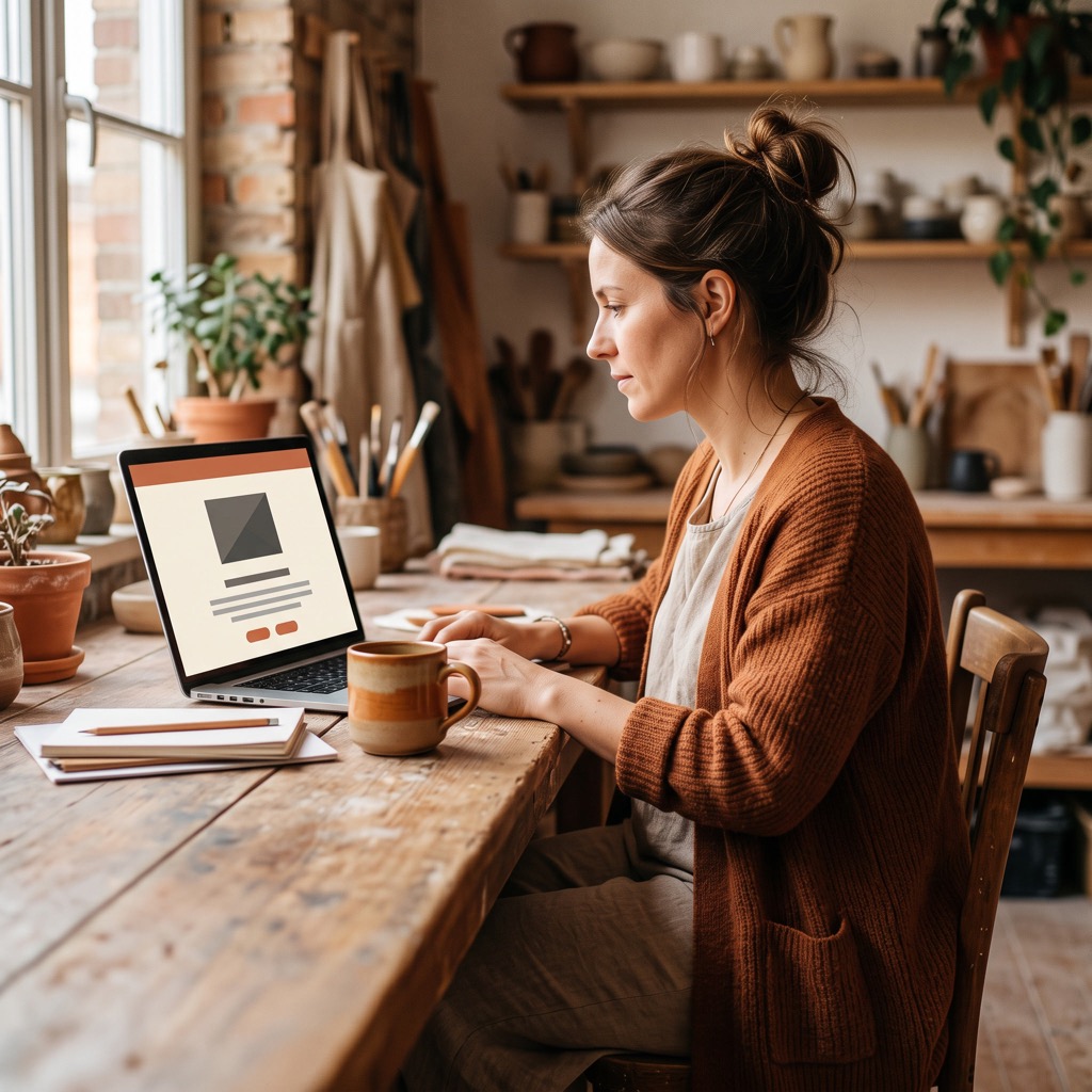 Ondernemer bekijkt haar eigen website op een laptop aan een houten bureau in haar werkplaats