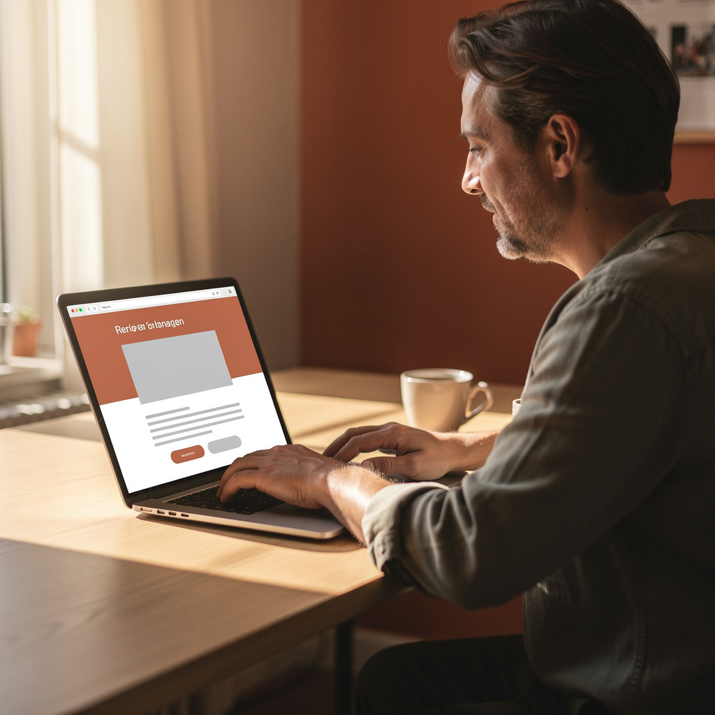 Ondernemer bekijkt een landingspagina op zijn laptop aan een houten bureau