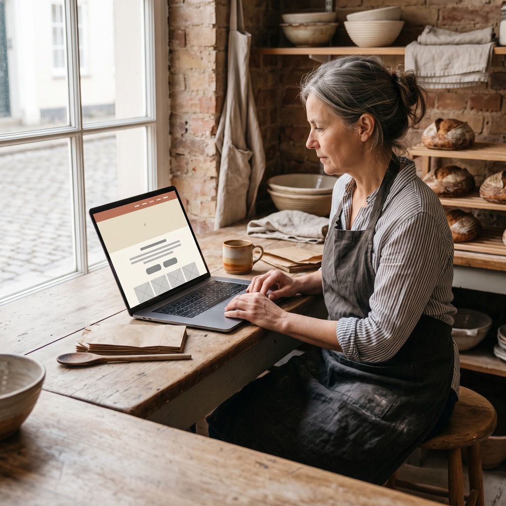 Ondernemer in schort bekijkt de eigen website op een laptop op een houten toonbank in een kleine winkel