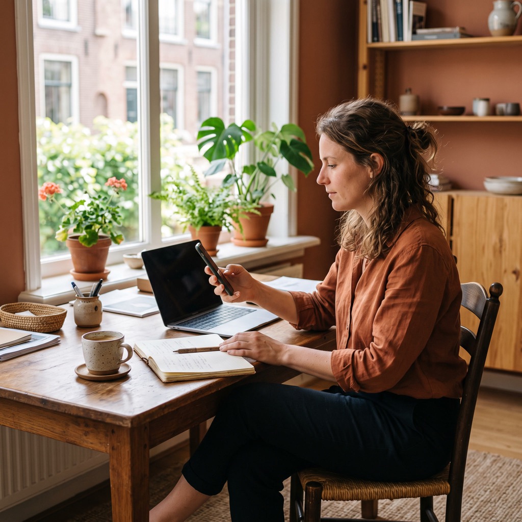 Ondernemer zit van opzij gezien aan een houten bureau in een licht kantoor met een telefoon in de hand