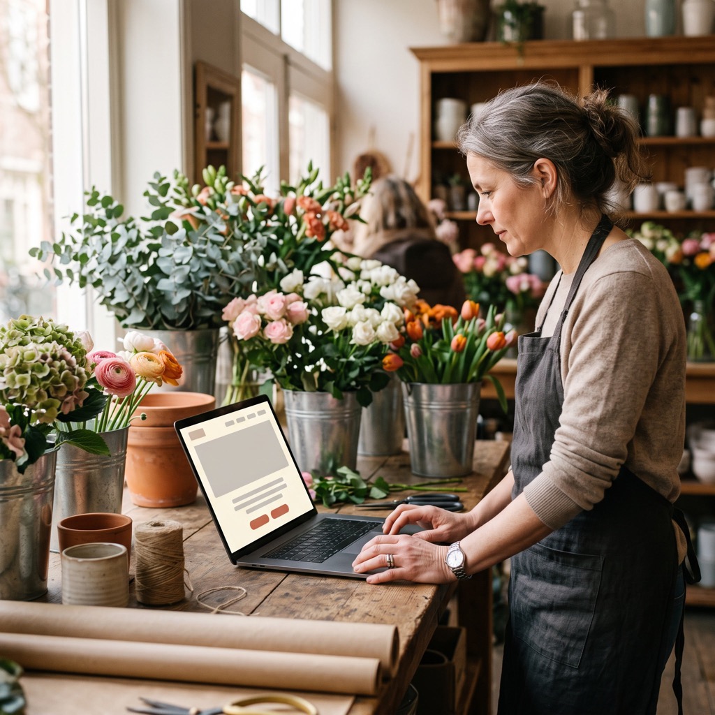Bloemiste bekijkt haar eigen website op een laptop aan de werkbank in haar winkel