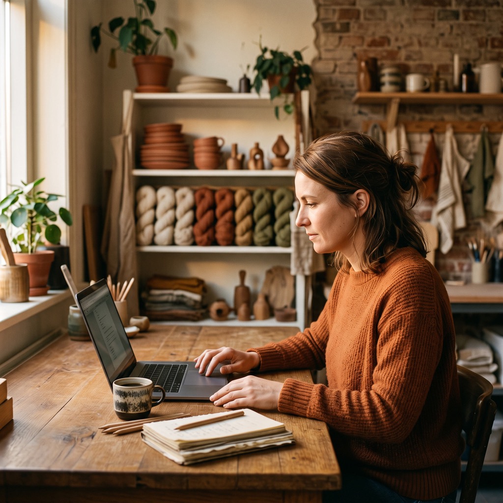 Ondernemer werkt aan een laptop in een sfeervolle werkruimte