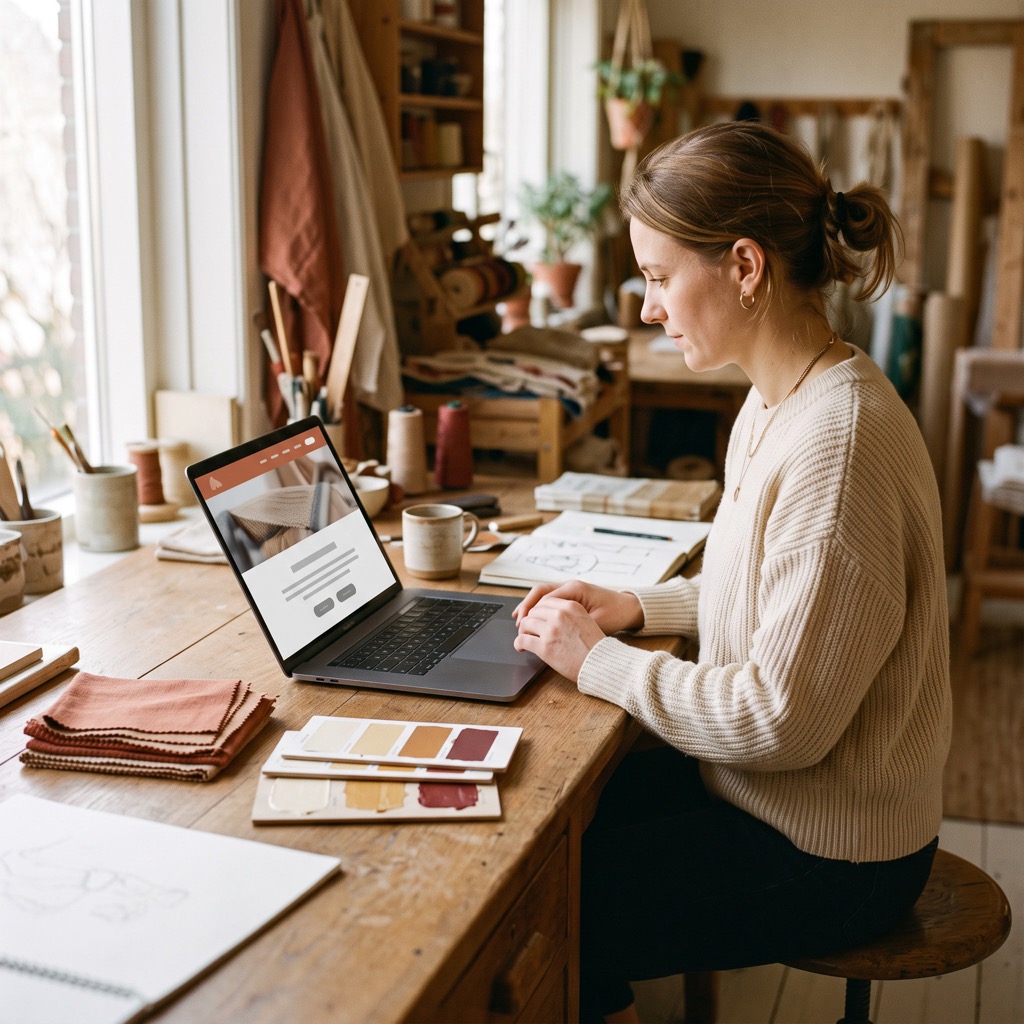 Ondernemer bekijkt de huisstijl van de eigen website op een laptop