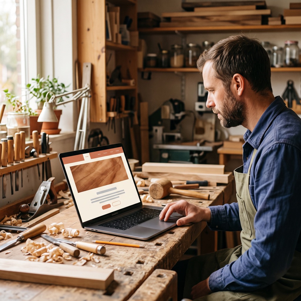 Ondernemer in zijn werkplaats bekijkt de referentiepagina van zijn website op een laptop