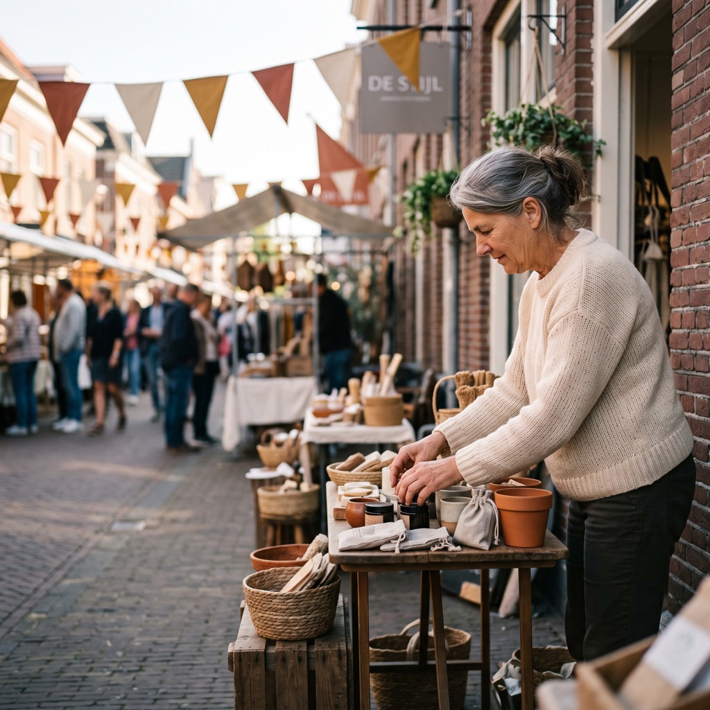 Ondernemer richt een display in bij de winkelingang tijdens een buurtevenement