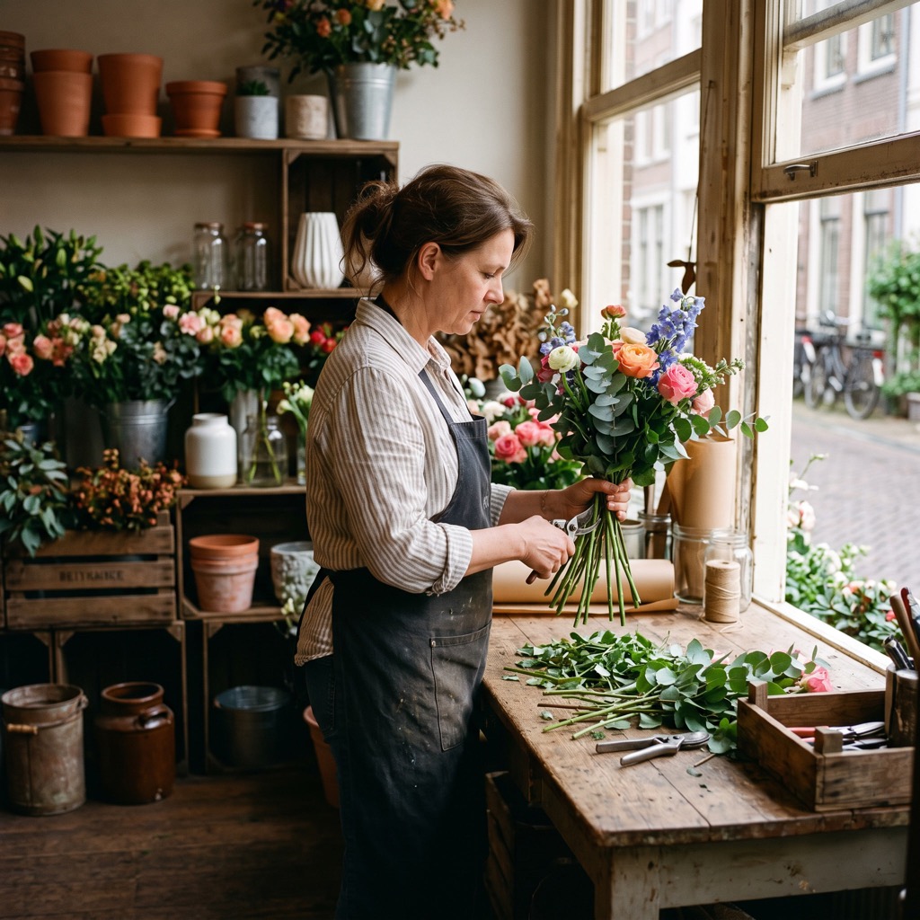 Bloemiste werkt van opzij gezien aan een houten werktafel in haar winkel bij daglicht
