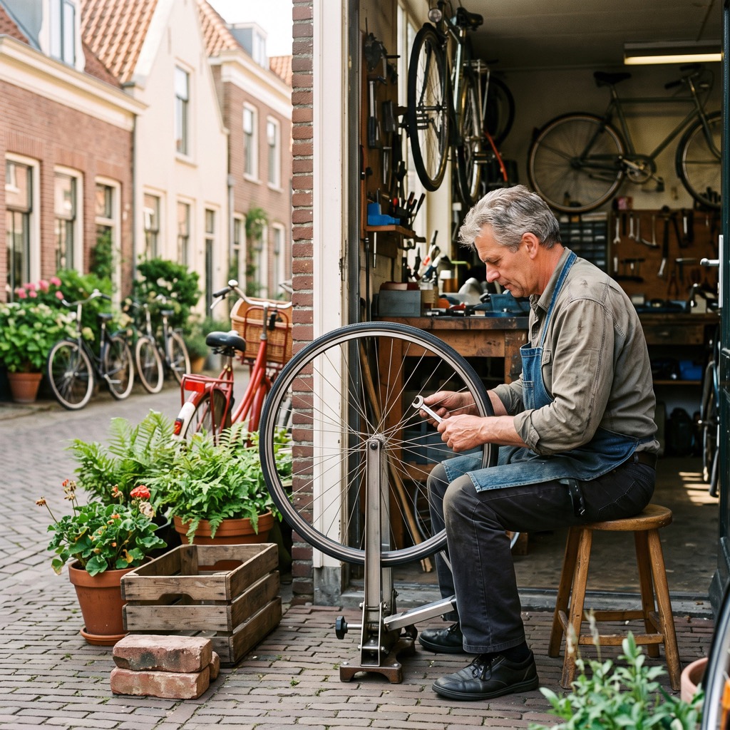Fietsenmaker werkt in de deuropening van zijn werkplaats aan een straat in de buurt