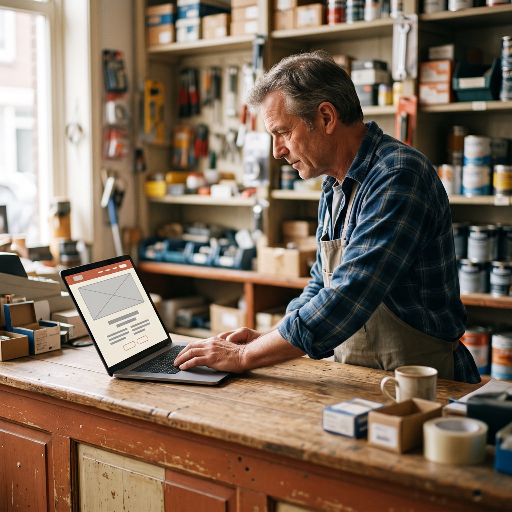 Eigenaar van een ijzerwarenwinkel achter de toonbank met een laptop, met gereedschap in de schappen achter hem.