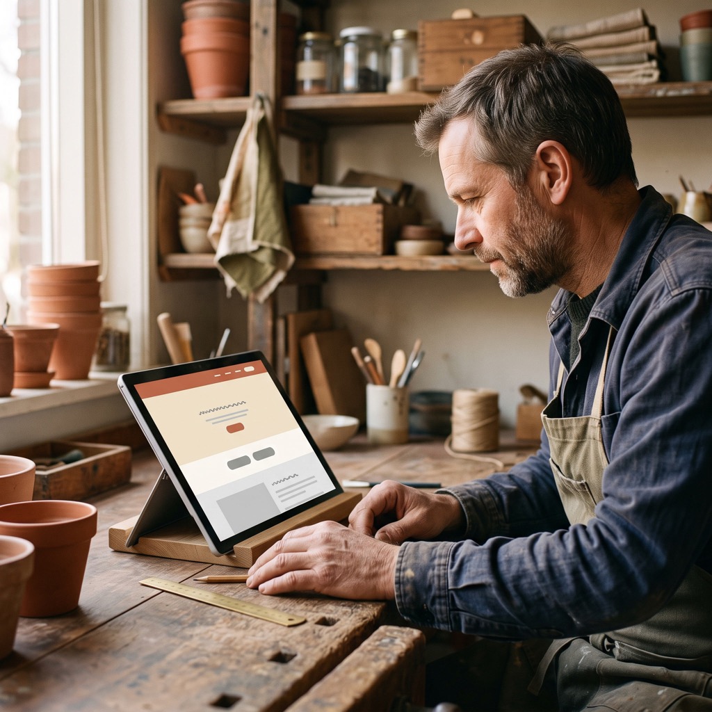 Ondernemer bekijkt de offerteaanvragen op zijn website op een tablet in de werkplaats