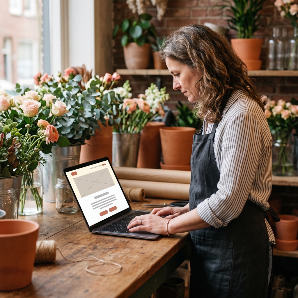 Bloemiste bekijkt haar eigen website op een laptop op de toonbank van haar winkel