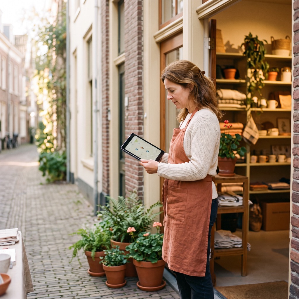 Ondernemer bij de ingang van een winkel, kijkend naar een tablet met een kaart van meerdere vestigingen