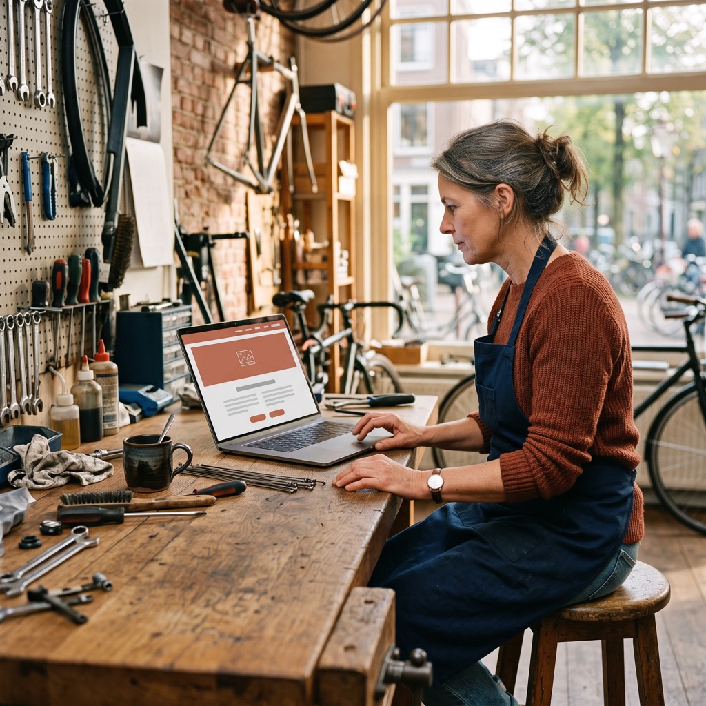 Fietsenmaker kijkt in de werkplaats op een laptop naar de eigen website