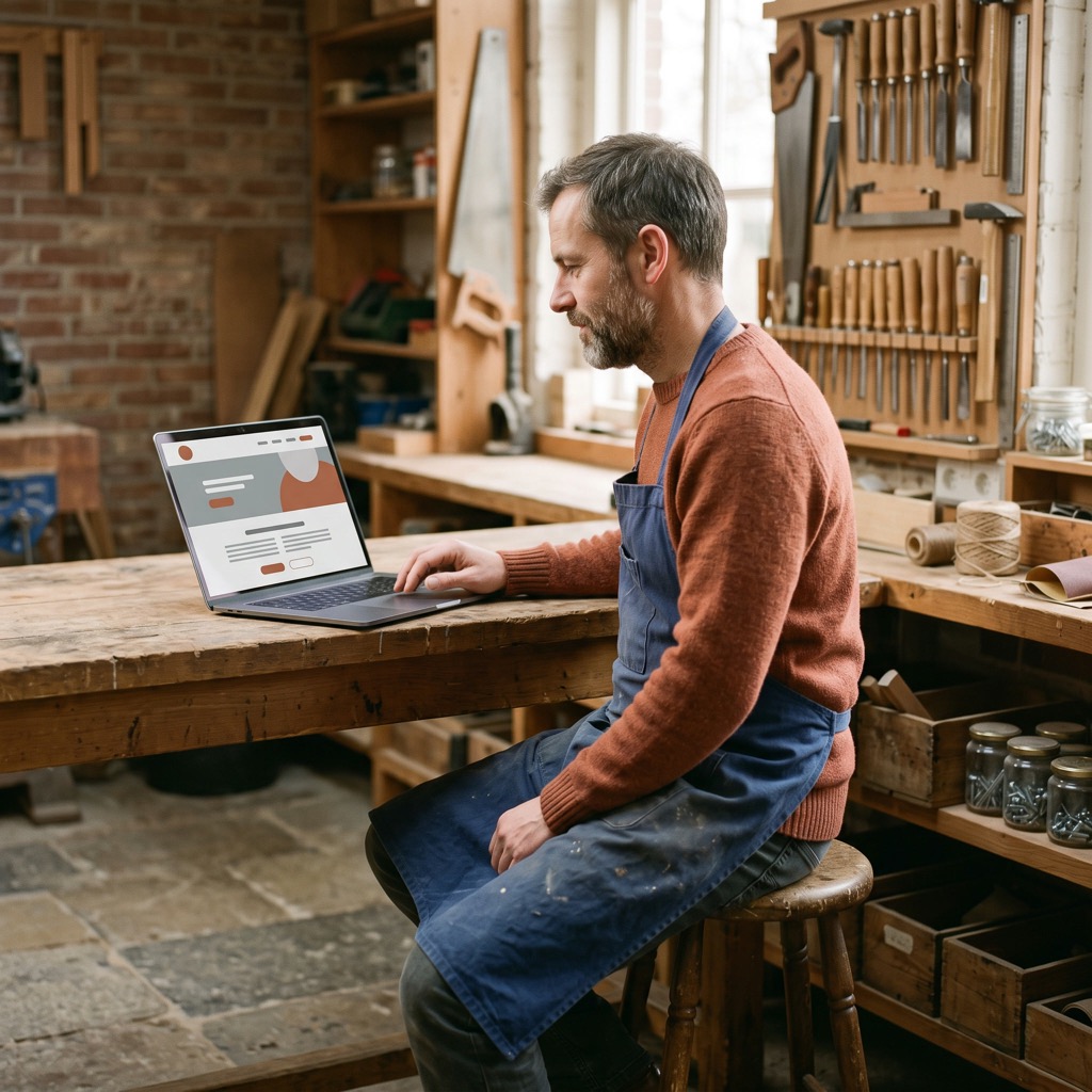 Ondernemer in een werkplaats bekijkt van opzij zijn eigen website op een laptop op de werkbank
