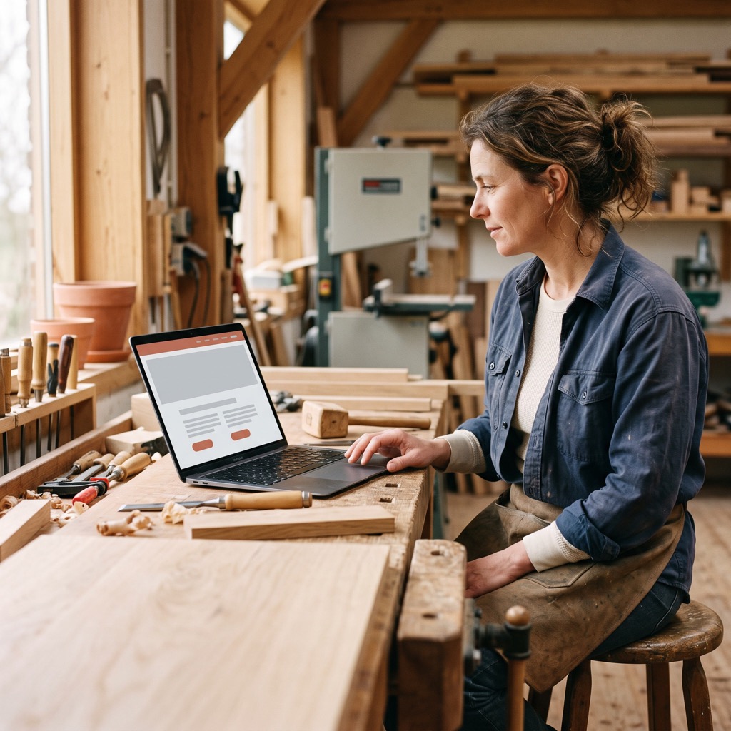 Ondernemer in een werkplaats bekijkt de eigen website op een laptop op de werkbank