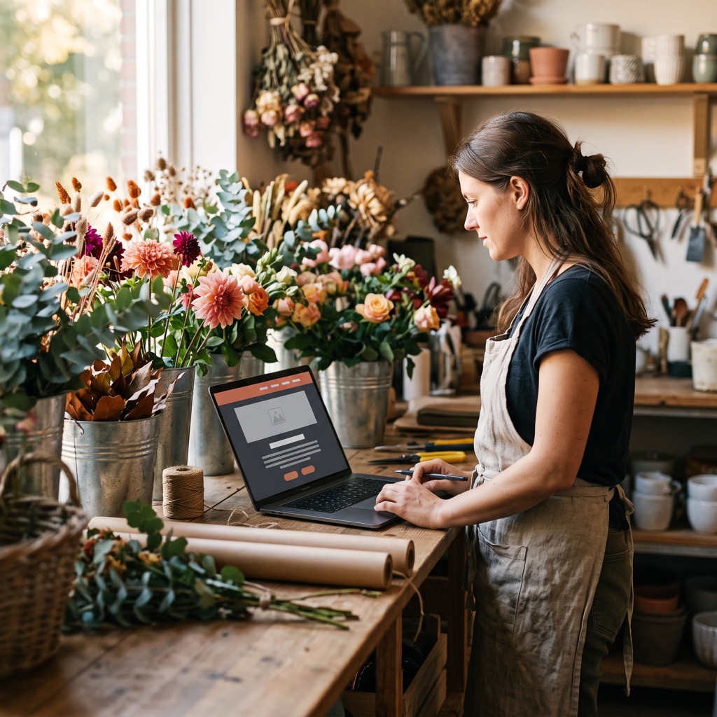 Bloemist achter de toonbank bekijkt de eigen website op een laptop tussen emmers met bloemen