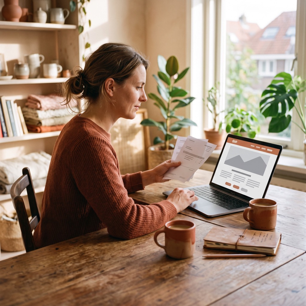 Ondernemer bekijkt aan een houten bureau facturen naast een laptop met de eigen website op het scherm