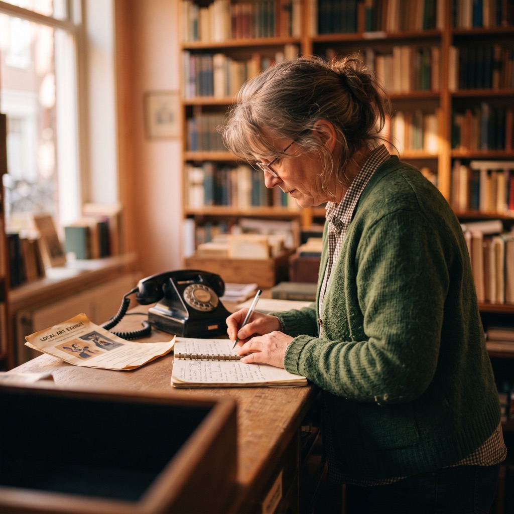 Ondernemer aan de balie van een winkel, bezig met bedrijfsgegevens op papier en telefoon