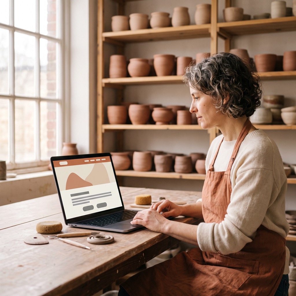 Keramist in haar werkplaats bekijkt haar eigen website op een laptop tussen de potten op de schappen