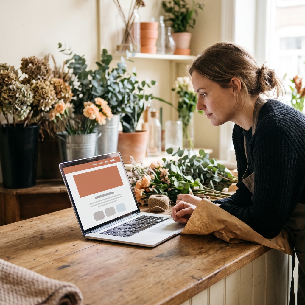 Bloemist bekijkt in een zonnige winkel de eigen website op een laptop op de toonbank