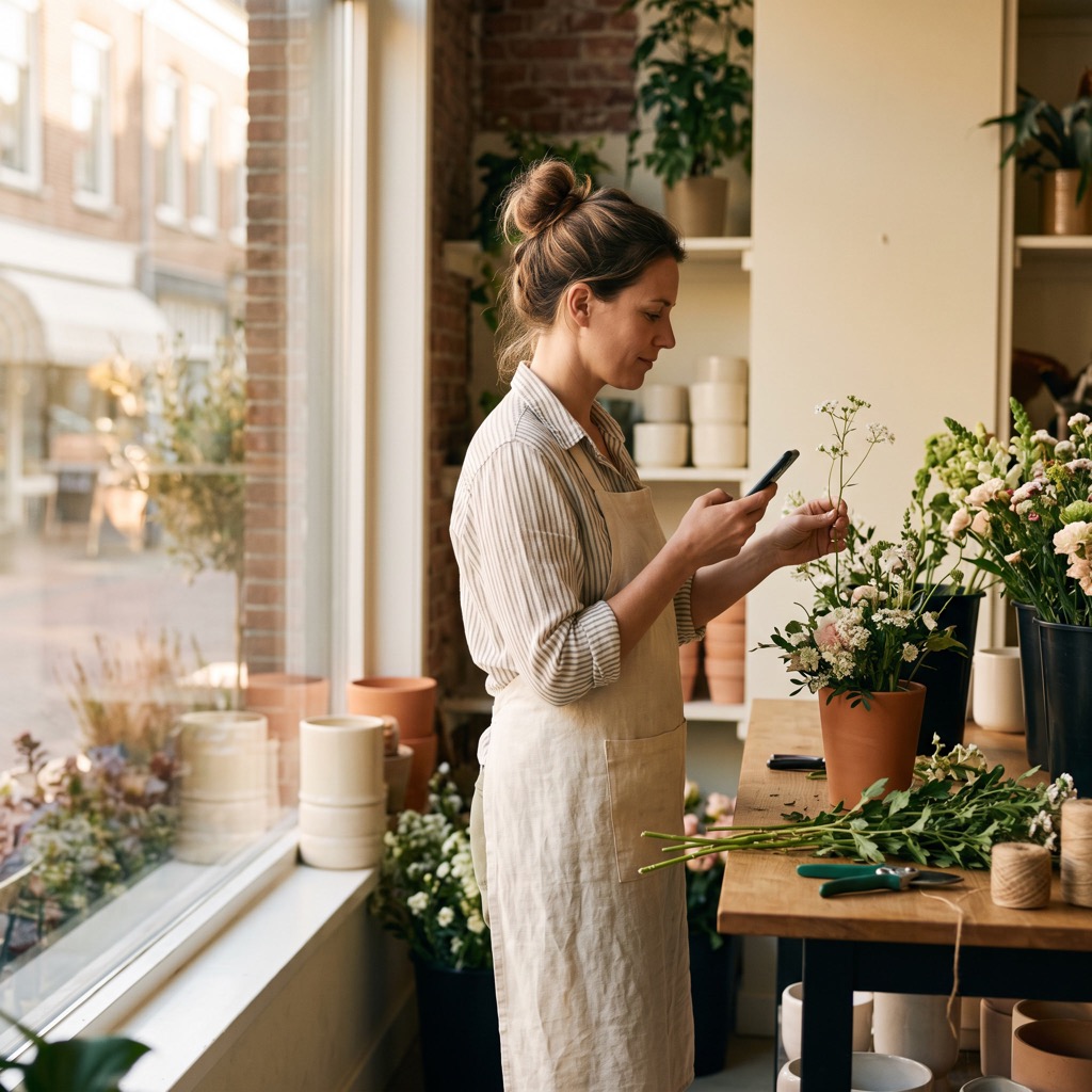 Bloemist die bloemen schikt bij de winkelruit, met een telefoon in de hand