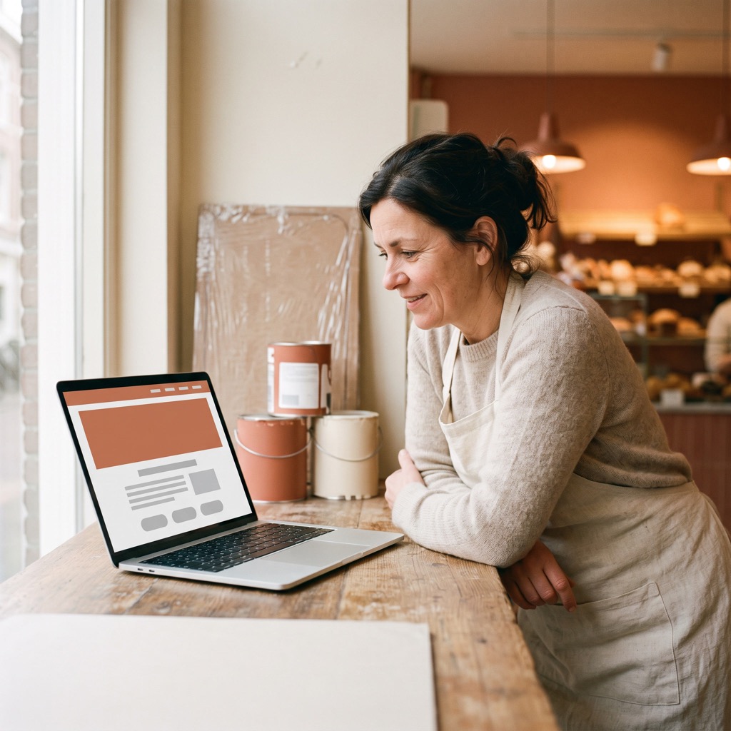 Ondernemer in een winkel bekijkt de eigen website op een laptop, met een ingepakt nieuw uithangbord tegen de muur