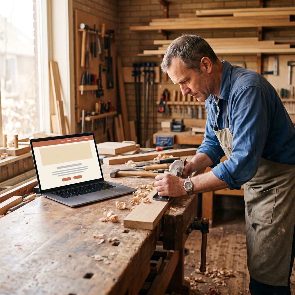 Meubelmaker in zijn werkplaats kijkt naar zijn website op een laptop naast het gereedschap