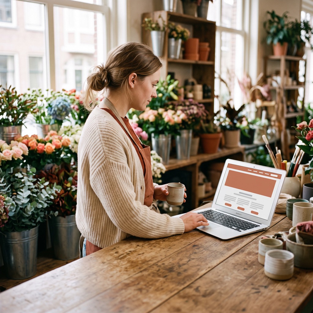 Bloemist in haar winkel bekijkt haar nieuwe website op een laptop op de toonbank