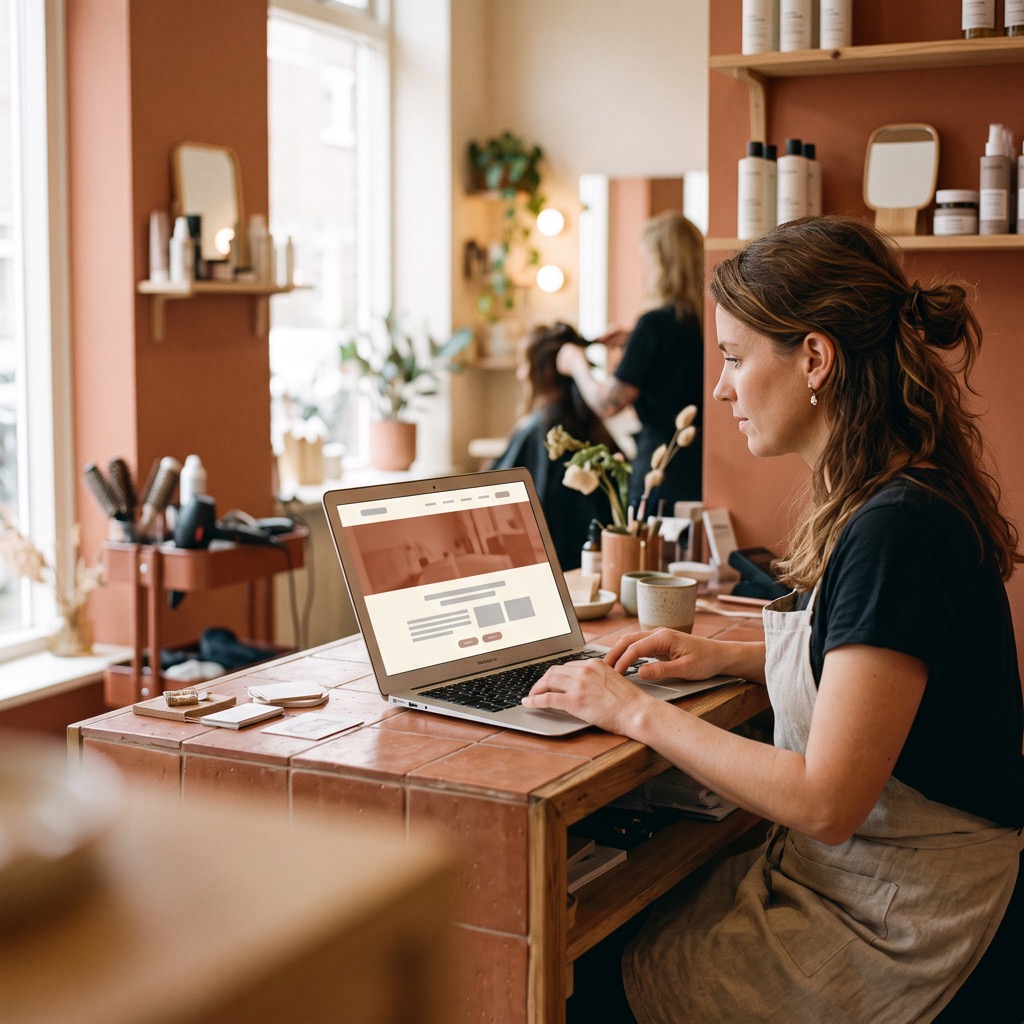 Kapper bekijkt haar eigen website op een laptop bij de balie van de salon.