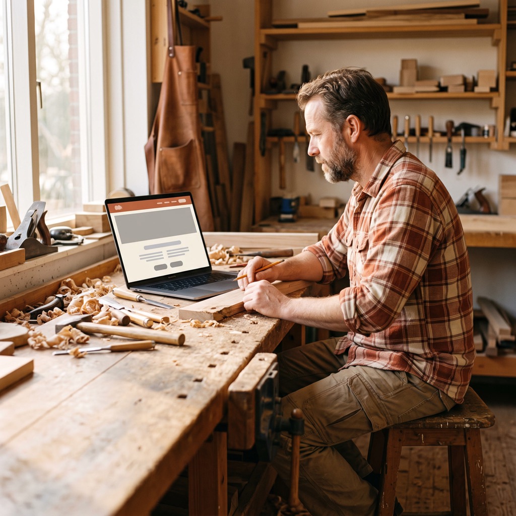 Meubelmaker in zijn werkplaats bekijkt zijn eigen website op een laptop