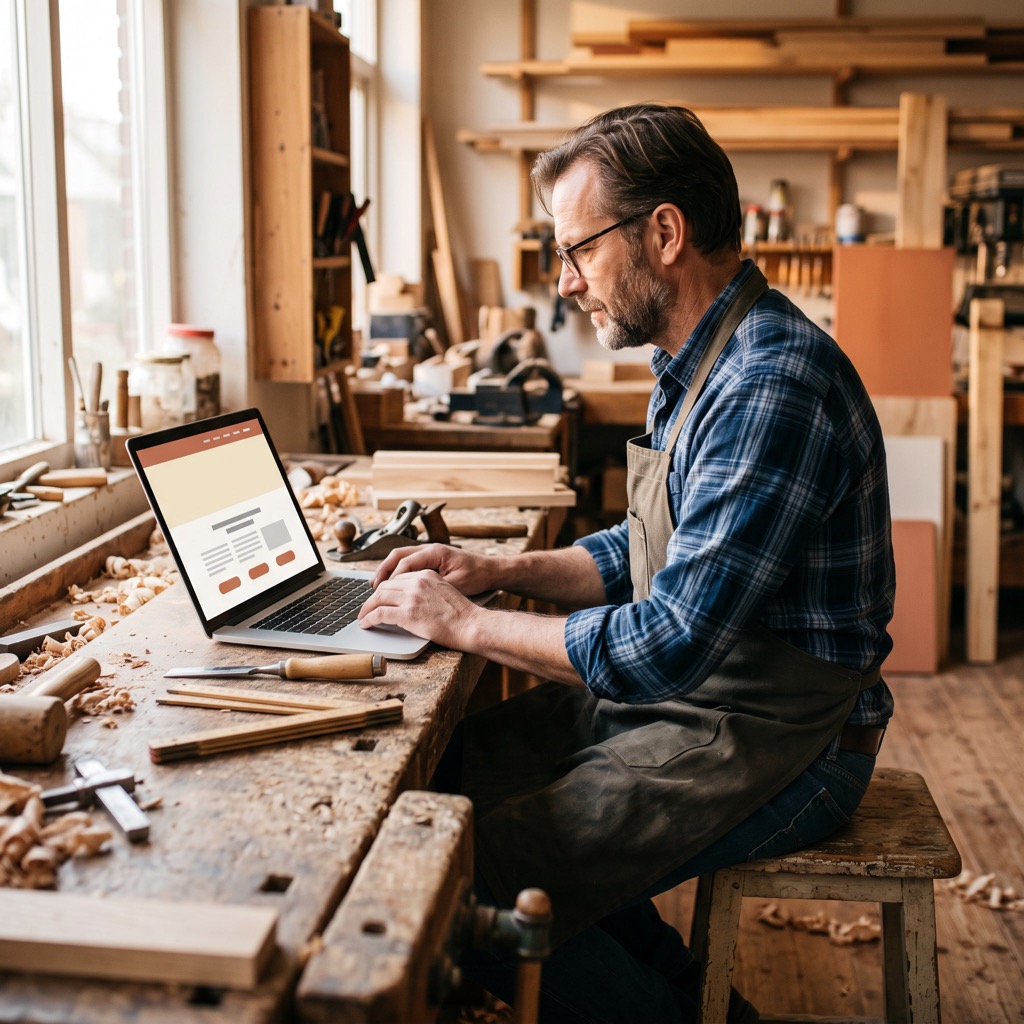 Timmerman in zijn werkplaats bekijkt zijn website op een laptop naast zijn gereedschap