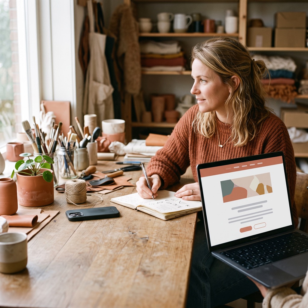 Ondernemer bekijkt een binnengekomen aanvraag op een laptop in de werkplaats