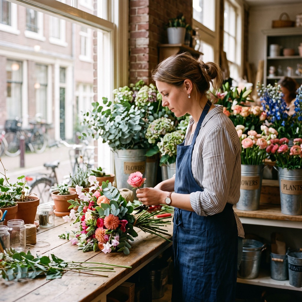 Bloemist werkt van opzij gezien aan een boeket op de toonbank van een kleine winkel in het ochtendlicht