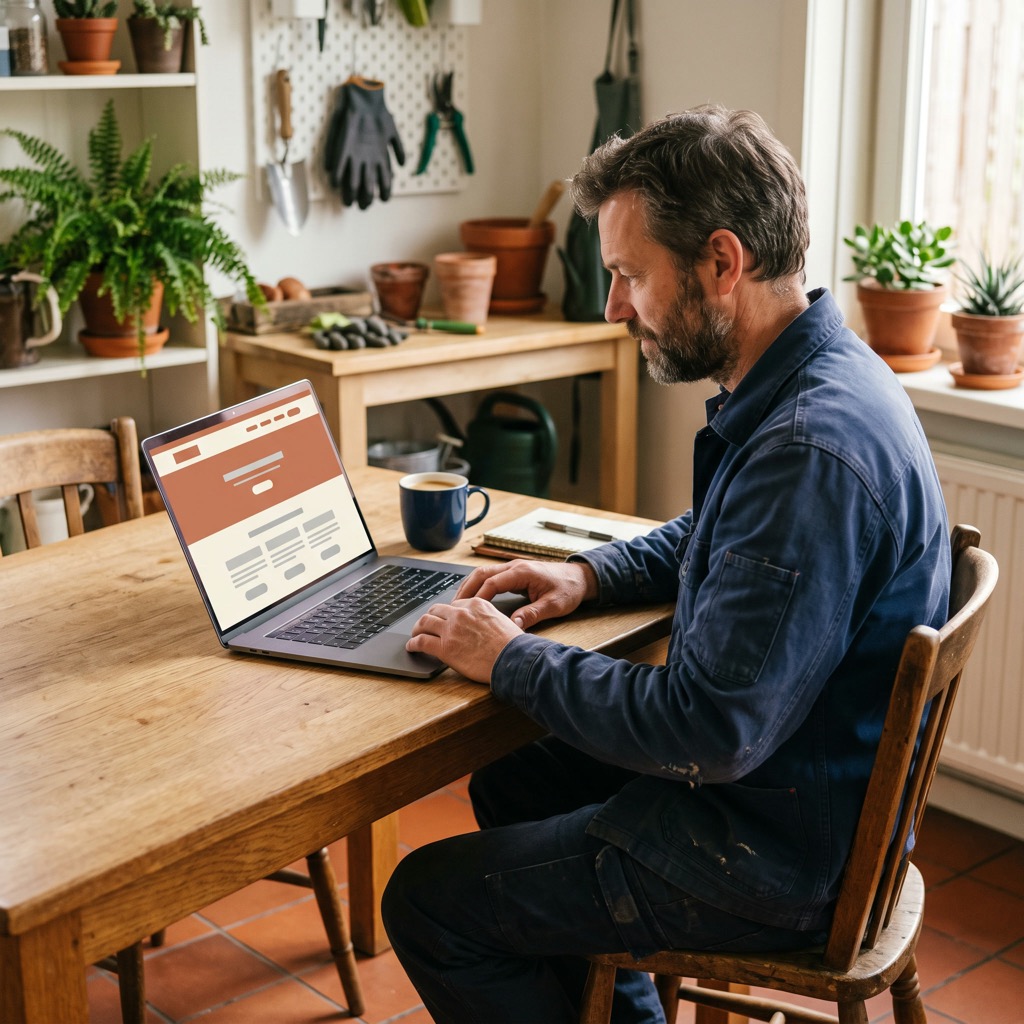 Ondernemer in werkkleding bekijkt aan de keukentafel zijn eigen website op een laptop, met een notitieboekje ernaast