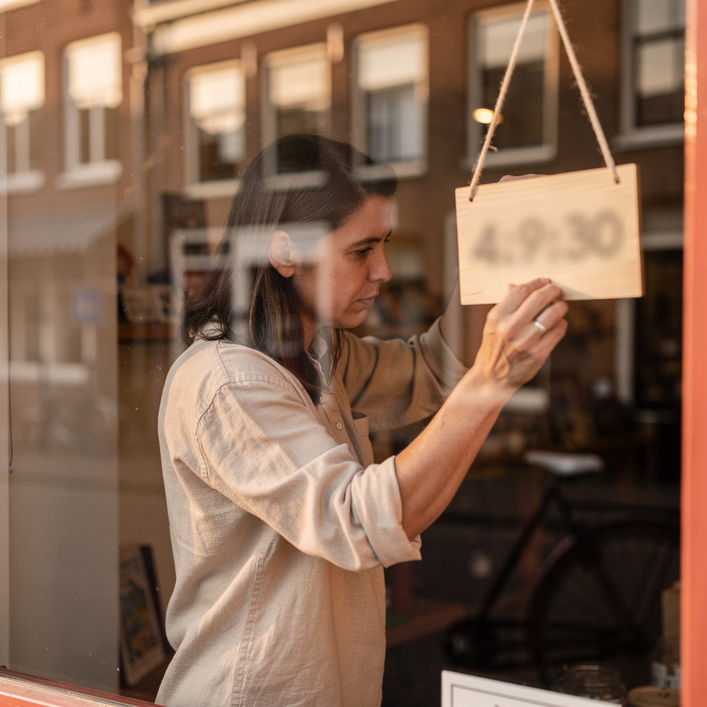 Winkelier hangt een bijgewerkt openingstijden-bordje in de etalage