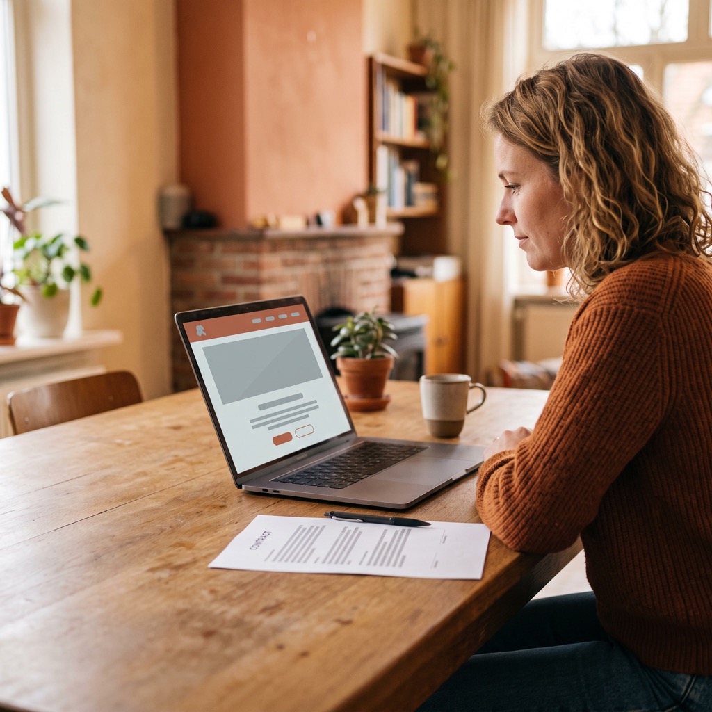 Ondernemer bekijkt een contract naast een laptop met de eigen website