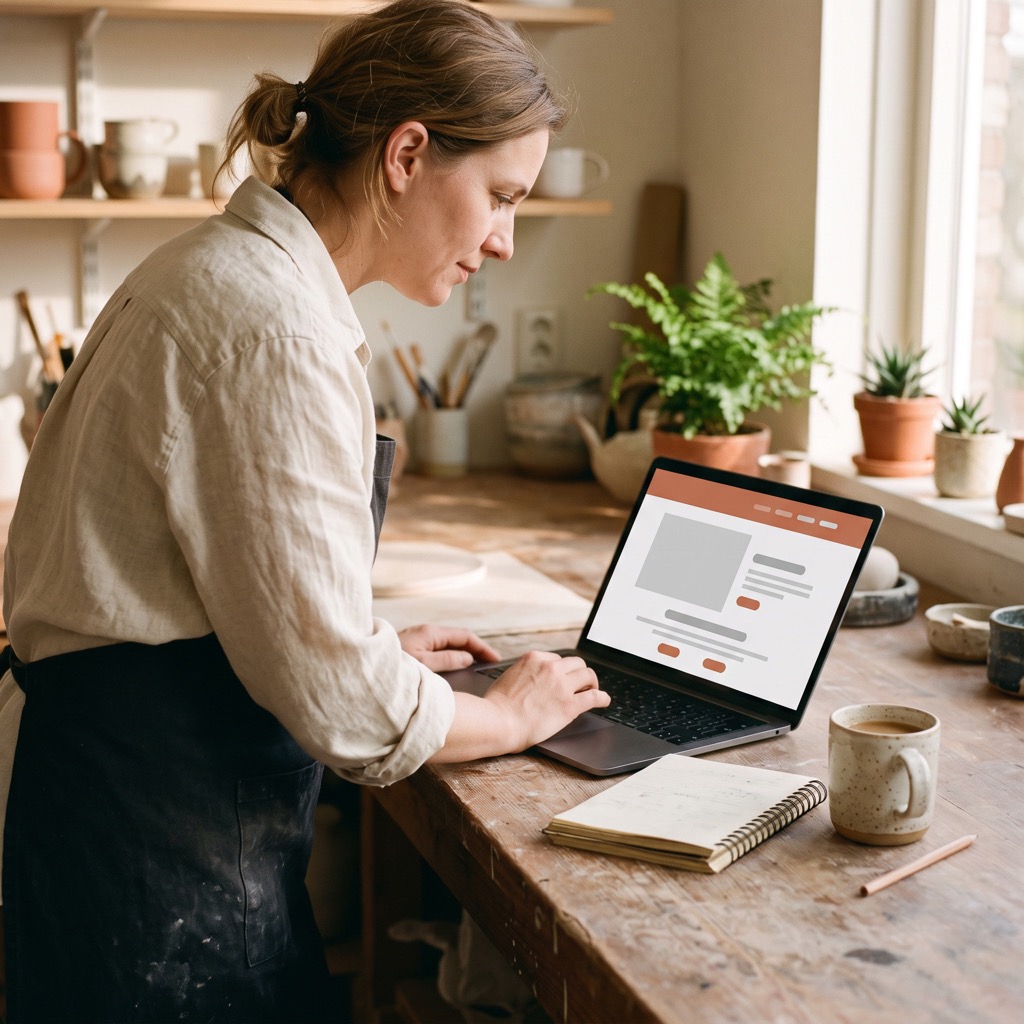Ondernemer bekijkt de eigen website op een laptop aan een houten werkbank in een licht atelier