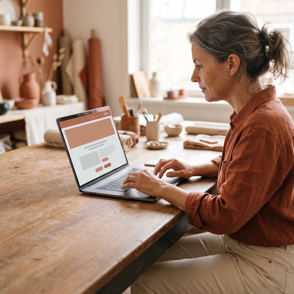 Ondernemer bekijkt de oude en nieuwe website op een laptop voor een overstap