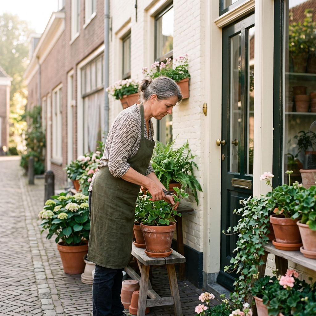 Ondernemer met schort zet planten goed naast de ingang van een kleine winkel in een rustige straat