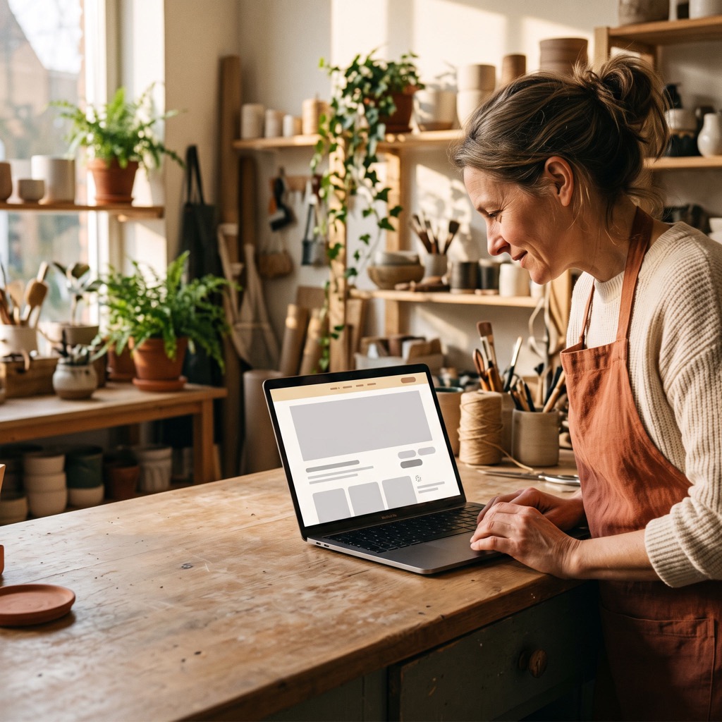 Ondernemer bekijkt de eigen website op een laptop op de werkbank in een zonnige werkplaats