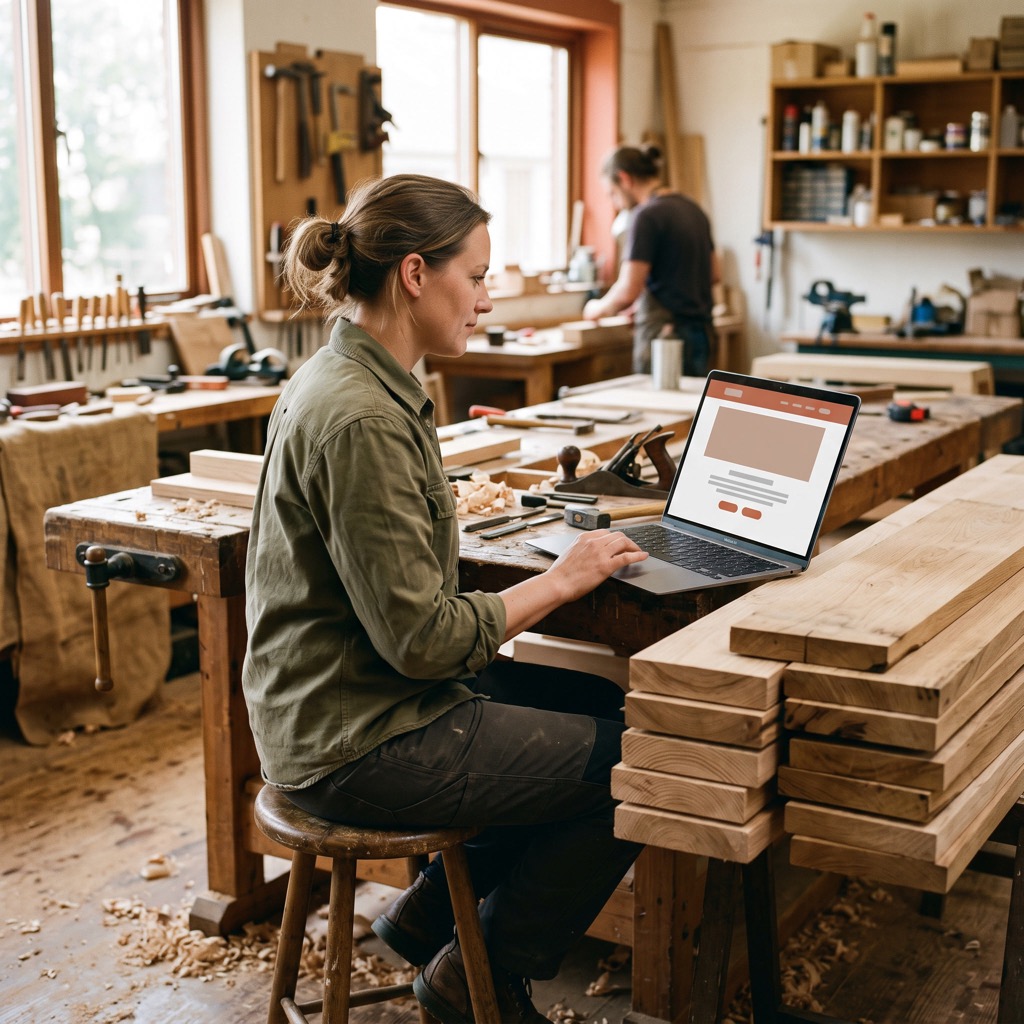 Meubelmaakster in haar werkplaats bekijkt haar website op een laptop naast een stapel hout