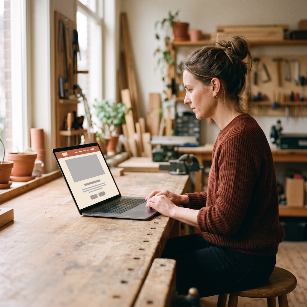 Ondernemer bekijkt de nieuwe website op een laptop voordat de overstap live gaat