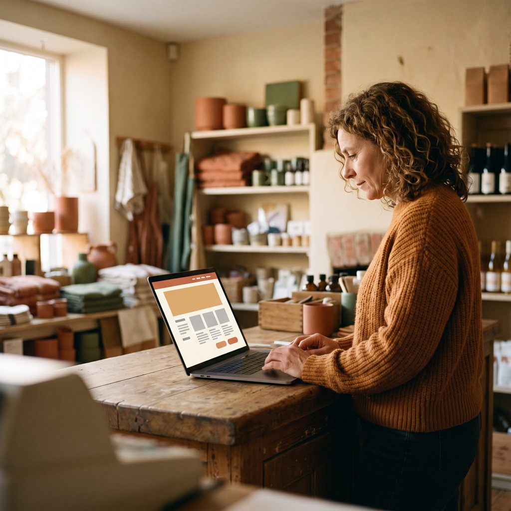 Ondernemer bekijkt de nieuwe website op een laptop in de winkel