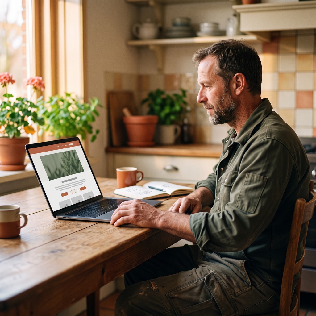 Ondernemer in werkkleding bekijkt aan de keukentafel de prijspagina van zijn eigen website op een laptop