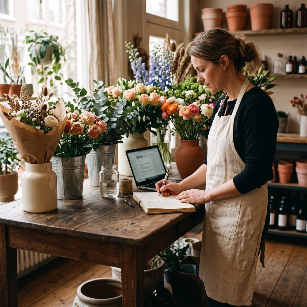 Bloemist aan een houten werktafel noteert prijzen in een schrift naast boeketten en een laptop