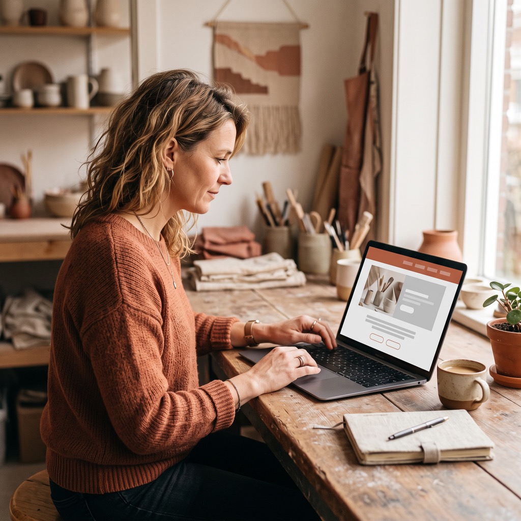Ondernemer bekijkt haar eigen website op een laptop aan een houten werkbank in warm ochtendlicht