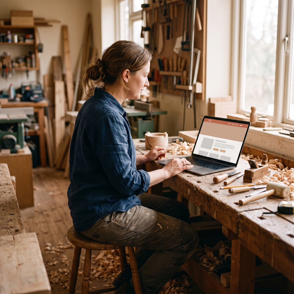 Meubelmaker in haar werkplaats bekijkt de proefversie van haar nieuwe website op een laptop